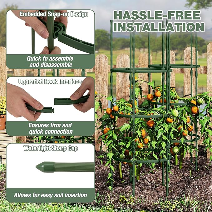 Happygrill 3 Pack Plant Cages and Supports, 60 inch Tall Adjustable Tomato Cage w/Clips & Ties, Heavy-Duty Garden Trellis for Climbing Plants, Vines, Flowers, Vegetables, Potted Plants Indoor Outdoor