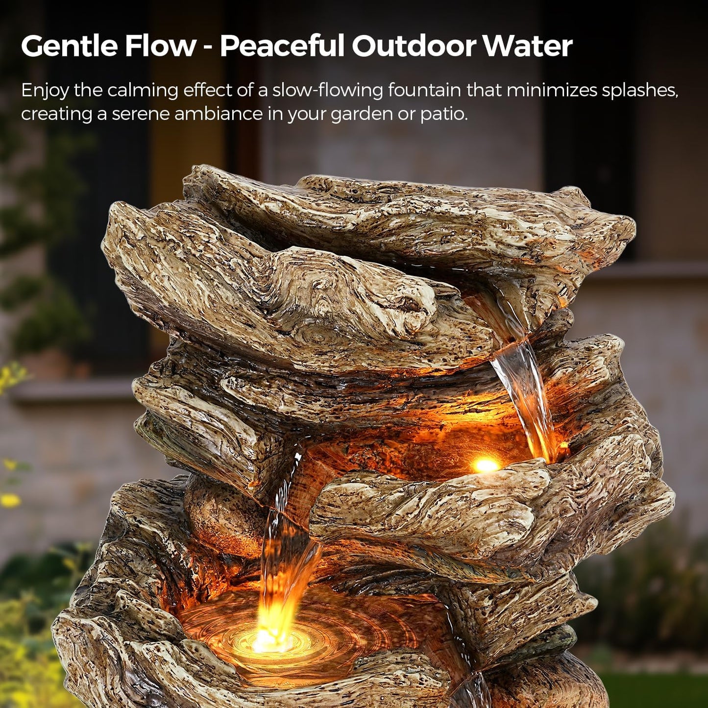 32" High Outdoor Water Fountain, 5-Tiers Cascading Rock Waterfall with LED Lights for Garden, Patio, Yard Decor, Soothing Tranquility for Any Outdoor Living Space