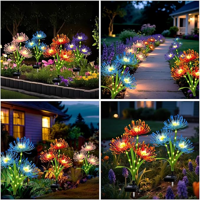 Solar Outdoor Lights 4 Colors Spider Lily – 4 Pack 12-Head Waterproof Garden Flower Lights with Glowing Stems,Decorative Solar Powered Yard,Patio & Lawn Decor,Gardening Gifts for Women Grandma