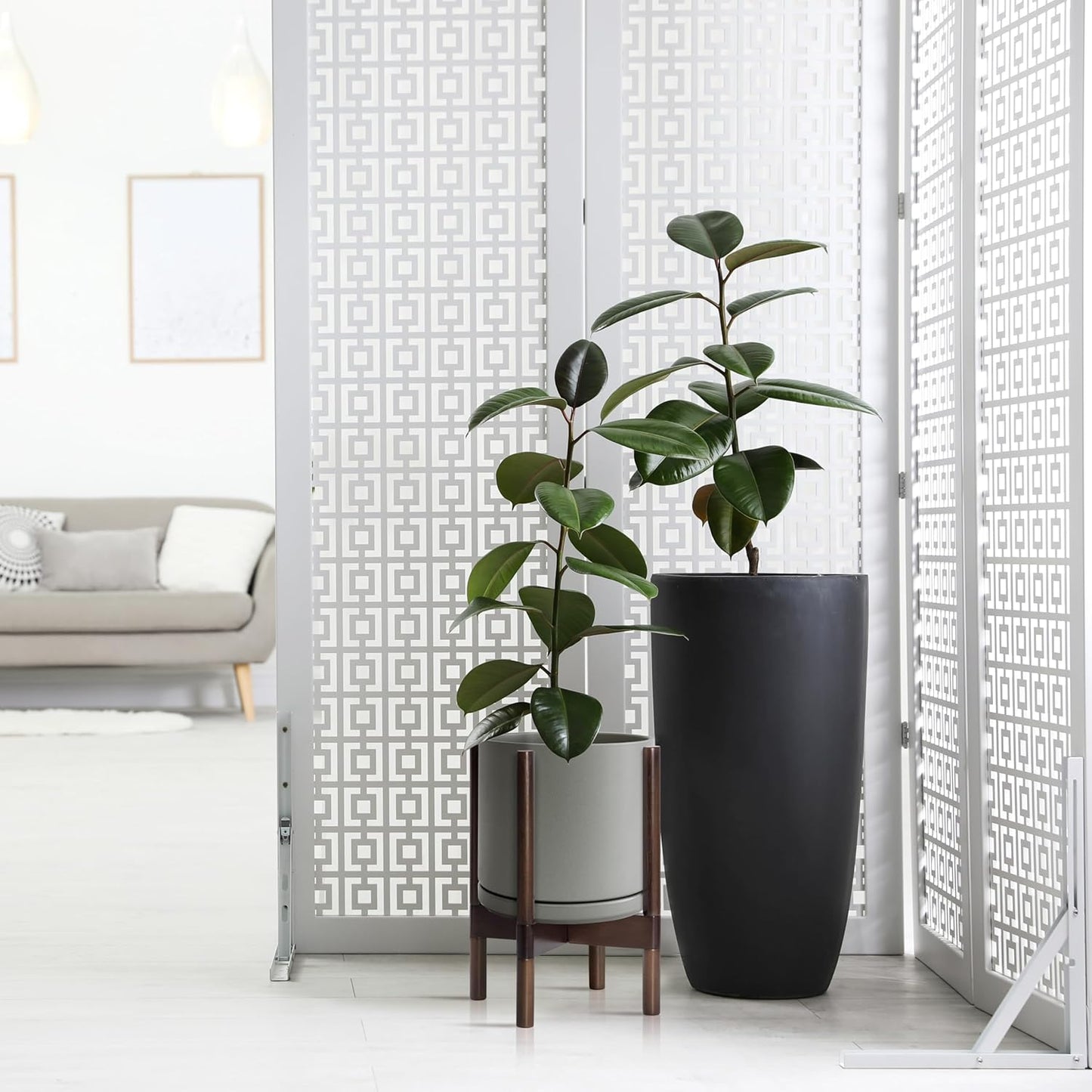 D'vine Dev Ceramic Planter with Walnut Color Stand - 10 Inch Modern Round Flower Pot with Wood Planter Holder, Grey, 55-B-X-3