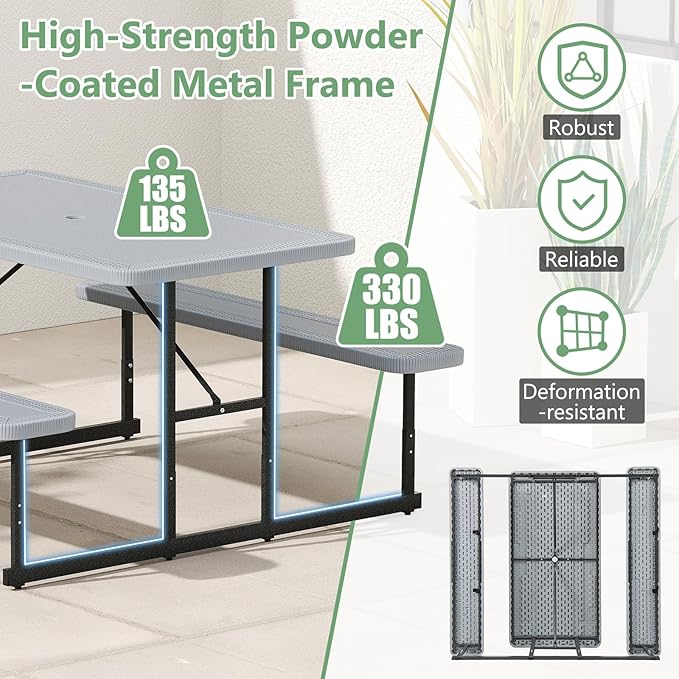Tangkula Picnic Table, HDPE Outdoor Rectangular Table Bench Set with 2 Built-in Benches, Umbrella Hole, Metal Frame for 4 Person, Garden Yard Patio Lawn