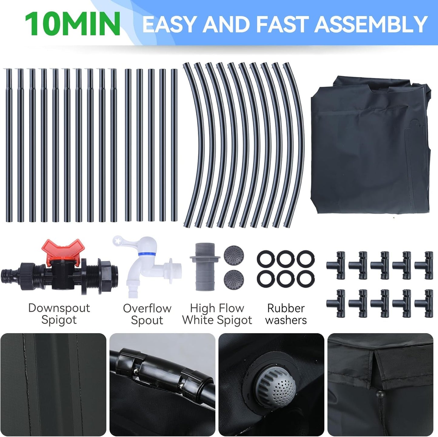 Upgraded 100 Gallon Rain Barrel Water Tank - Portable Rain Water Collection Barrel - Large Water Storage Tank - Stable Water Barrels Rain Catcher with Spigot Overflow Kit, Black