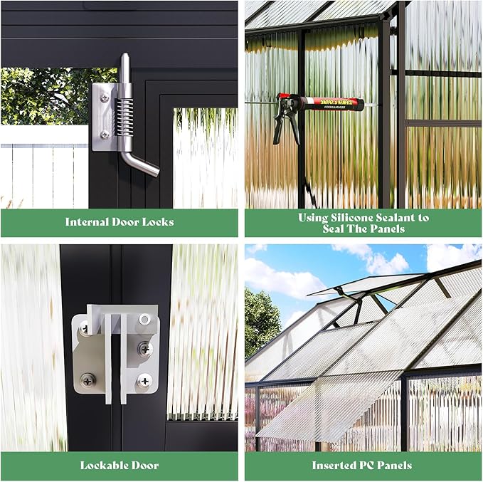 Amerlife 6x8x6.3 FT Ft Polycarbonate Greenhouse for Outdoors, Walk-in Design with Aluminum Frame, 2 Windows and Swing Door, Heavy-Duty Greenhouse Construction for Garden, Black
