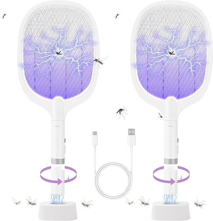 Electric Fly Swatter Racket, 4000V Bug Zapper Racket Rechargeable Fly Zapper Dual Modes Mosquito Swatter Portable with Purple Light & 3-Layer Safety Nets for Indoor & Outdoor, 2 Pack