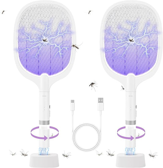 Electric Fly Swatter Racket, 4000V Bug Zapper Racket Rechargeable Fly Zapper Dual Modes Mosquito Swatter Portable with Purple Light & 3-Layer Safety Nets for Indoor & Outdoor, 2 Pack