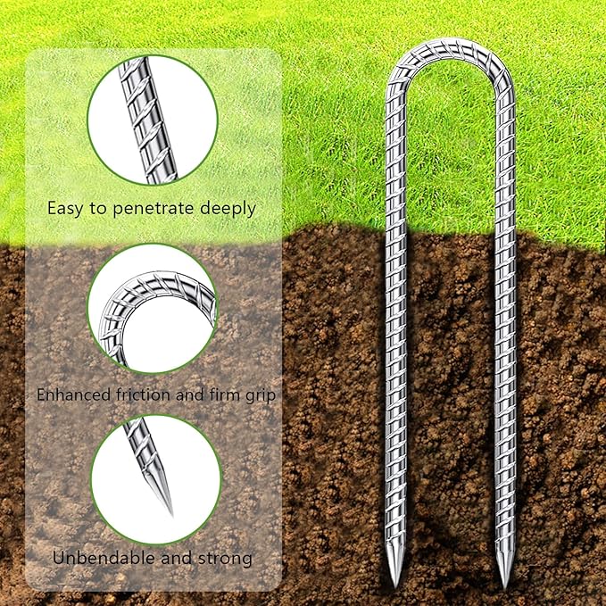 Rebar-Stakes-12-Inch-Galvanized, U Hook Trampoline Stakes 10 Pack Ground Anchors Tent Stakes Heavy Duty for Plants Anti-Rust Landscape Fabric Stakes Artificial Turf
