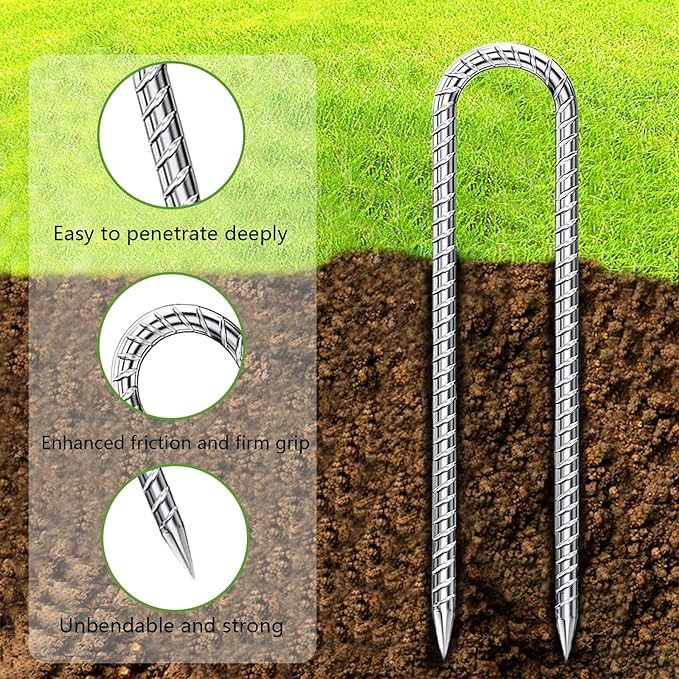 Rebar-Stakes-12-Inch-Galvanized, U Hook Trampoline Stakes 6 Pack Ground Anchors Tent Stakes Heavy Duty for Plants Anti-Rust Landscape Fabric Stakes Artificial Turf