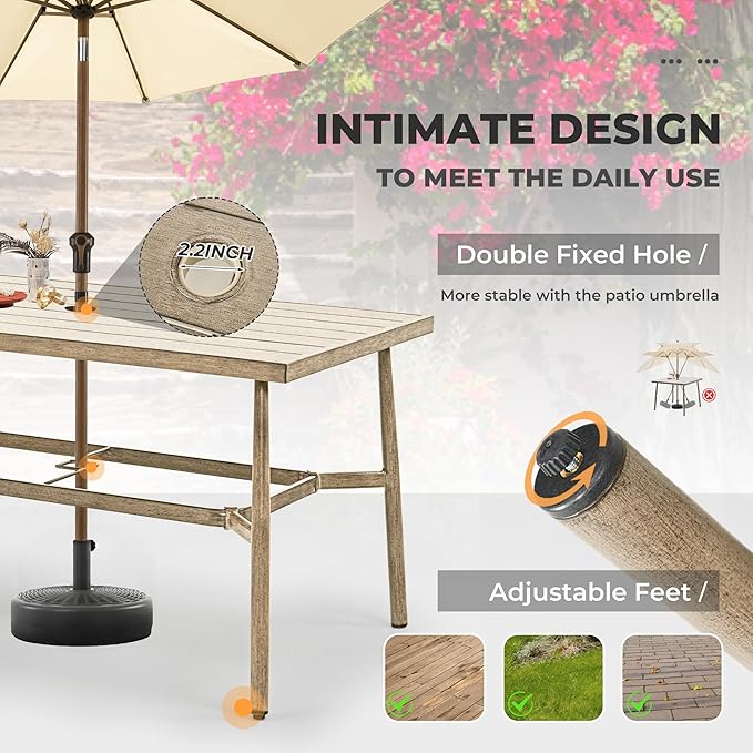 HAPPATIO 7-Piece Outdoor Dining Set for 6, Aluminum Patio Dining Set Includes 6 Swivel Dining Chairs and 1 Large Rectangular Table with Umbrella Hole, Patio Furniture Set for Lawn, Porch, Brown