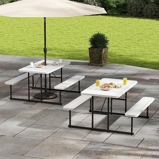 Tangkula Picnic Table, HDPE Outdoor Rectangular Table Bench Set with 2 Built-in Benches, Umbrella Hole, Metal Frame for 4 Person, Garden Yard Patio Lawn