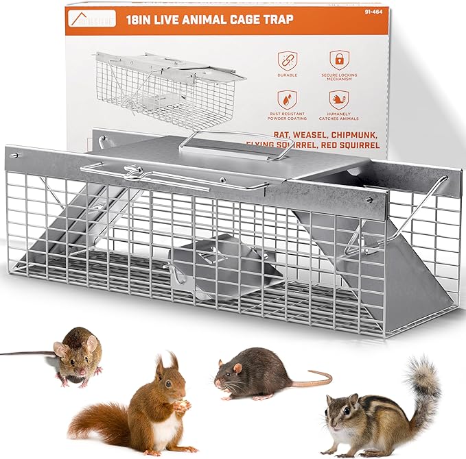 HOMESTEAD Live Rat Trap Indoor/Outside - Squirrel Trap, Have A Heart Animal for Chipmunk, Small Rabbits, Weasel and Similar-Size Rodents, 18"x5"x5", 2 Doors, Fully Assembled