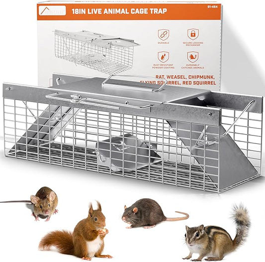 HOMESTEAD Live Rat Trap Indoor/Outside - Squirrel Trap, Have A Heart Animal for Chipmunk, Small Rabbits, Weasel and Similar-Size Rodents, 18"x5"x5", 2 Doors, Fully Assembled