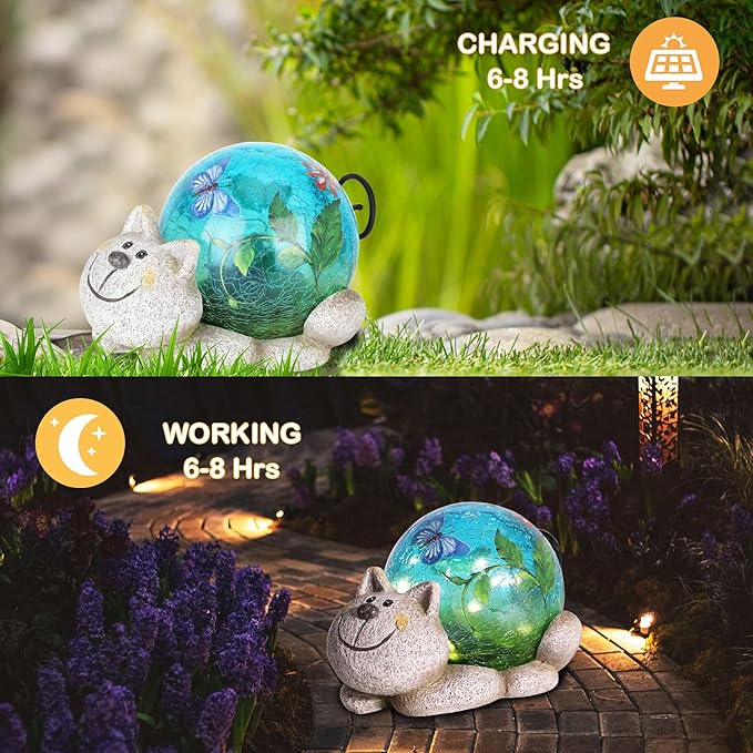 Afirst Solar Garden Statues Outdoor Figurines - Cat Lawn Ornament with Solar Lights Cracked Glass Outdoor Decor for Patio Yard Decorations