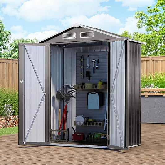 5X3 FT Outdoor Metal Storage Shed, Tool Shed with Peaked Roof and Lockable Door, Compact Garden Shed for Backyard Garden Patio Lawn, Gray