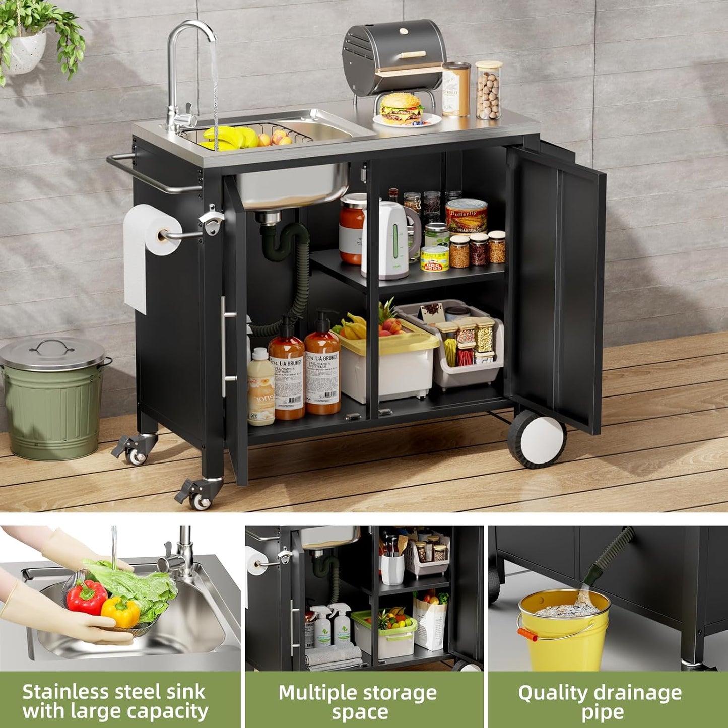 Outdoor Grill Table with Sink, Grill Cart with 304 Stainless Steel Sink and Cabinet, Outdoor Grill Cart,Outdoor Cart Sink Station with Wheels, 38in x 18in x 35in