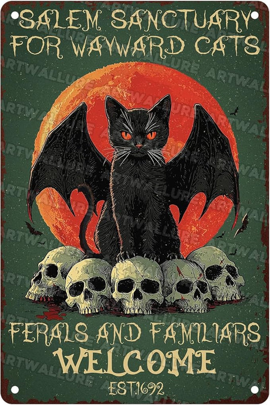 Salem Sanctuary Black Cat Metal Tin Sign Halloween Decor Vintage Gothic Decor Retro Wall Art Rustic Tin Plaque For Home Bar Cat Lovers 8x12inch