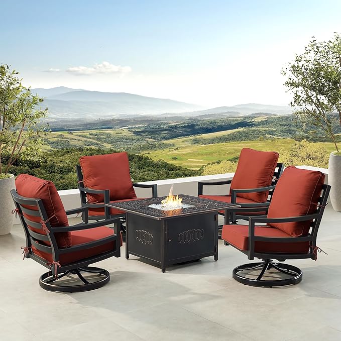 Oakland Living Black Aluminum Patio Fire Table Set with Four Club Chairs with Red Cushions