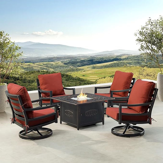 Oakland Living Black Aluminum Patio Fire Table Set with Four Club Chairs with Red Cushions