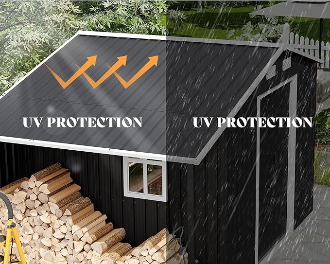 Jocisland 10.6x6.8x6.3 FT Outdoor Storage Shed with Sliding Doors, Two 4-Pane Windows, Open Design Outdoor Shed for Wood Storage, Dark Grey/White