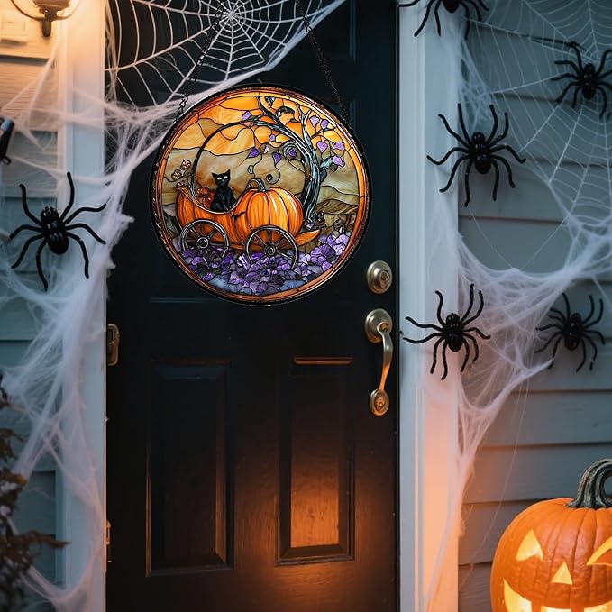 Stained Glass Window Hanging - Halloween Pumpkin Carriage Black Cat Suncatcher for Doors Window Garden Spooky Sun Catchers Gothic Decor Horror Gifts for Women Men Friend Boy Girl 15 in