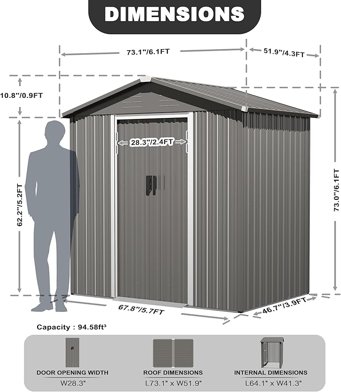 Nuu Garden 6 x 4 FT Outdoor Storage Shed with Sliding Doors, Galvanized Sheet Outdoor Shed with Sloping Roof, Anti-Corrosion Garden Shed with Air Vents for Backyard Patio Lawn, Gray