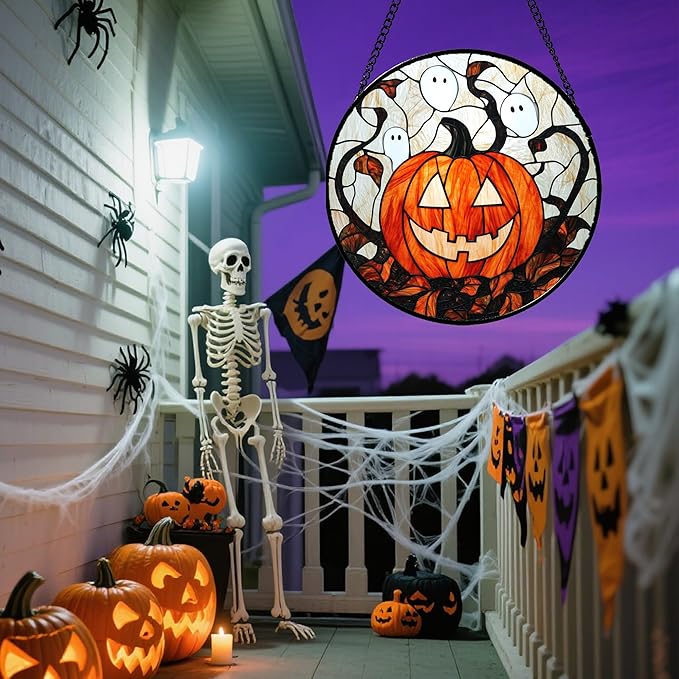 Stained Glass Window Hanging - Halloween Decorations Pumpkin Ghost Suncatcher for Doors Garden Indoor Spooky Funny Orange Sun Catchers Gothic Decor Horror Gifts for Women Men Friend 9.8 in