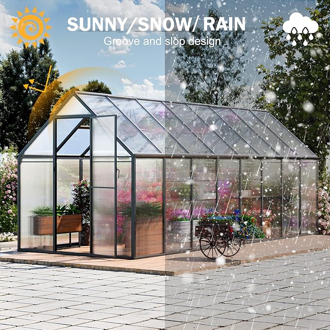 Greenhouse, 6x16 FT Easy Assembly Hybrid Polycarbonate Greenhouses for Outdoors w/3 Vent Windows & Swing Door Walk-in Green Houses Aluminum GreenHouses for Garden, Black