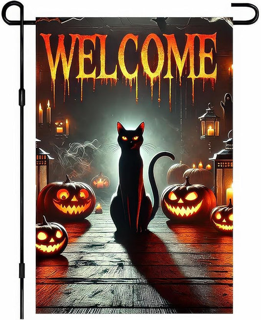 Garden Flags 12x18 Inch Halloween Black Cat Welcome Banner Pumpkin Lantern Spooky Night Yard Decoration for Porch Outdoor Lawn Garden Party Fall Decor Sign