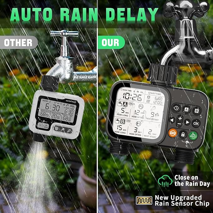 2 Zone Sprinkler Timer for Garden Hose, 8 Programmable Hose Water Timer with Auto Rain Delay, 3.3“ Large LCD Display Digital Irrigation System for Plant, Yard, Lawns, Outdoor
