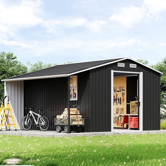 Jocisland Outdoor Storage Shed 10.6x10.3x6.3 FT, Sliding Door Shed with Two 4-Pane Windows for Wood Storage, Dark Grey/White
