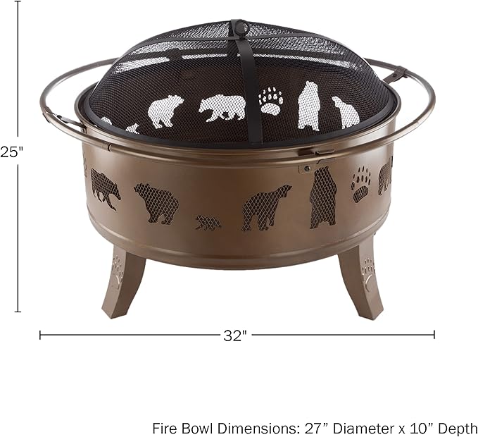 Pure Garden 50-LG1202 32” Outdoor Deep Fire Pit-Round Large Steel Bowl with Bear Cutouts, Mesh Spark Screen, Log Poker & Storage Cover-Patio Wood Burning, Antique Gold