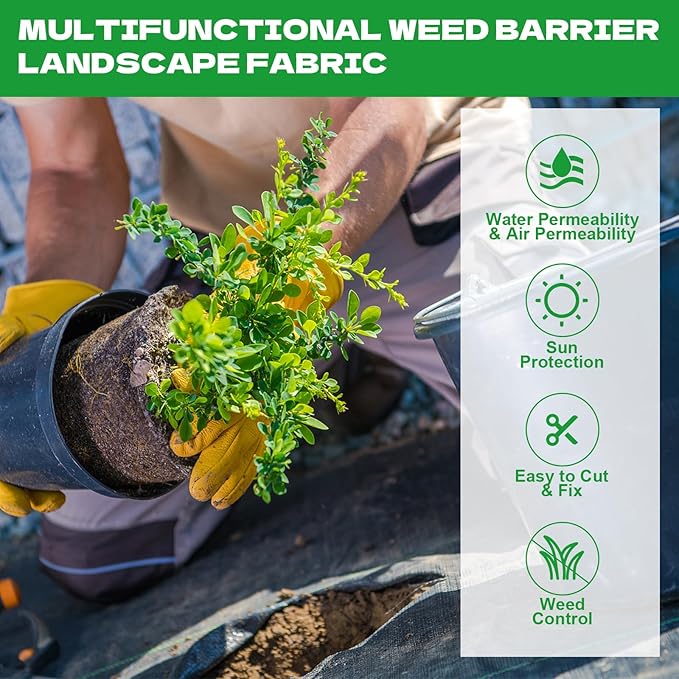 4 x 50ft Weed Barrier Fabric Heavy Duty Landscape Weed Blocker with 80 Holes, Large Weed Block Gardening Ground Cover Mat Weed Control Cloth with 10 U-Shaped Stakes and Gaskets, Black (1PCS,4x50ft)