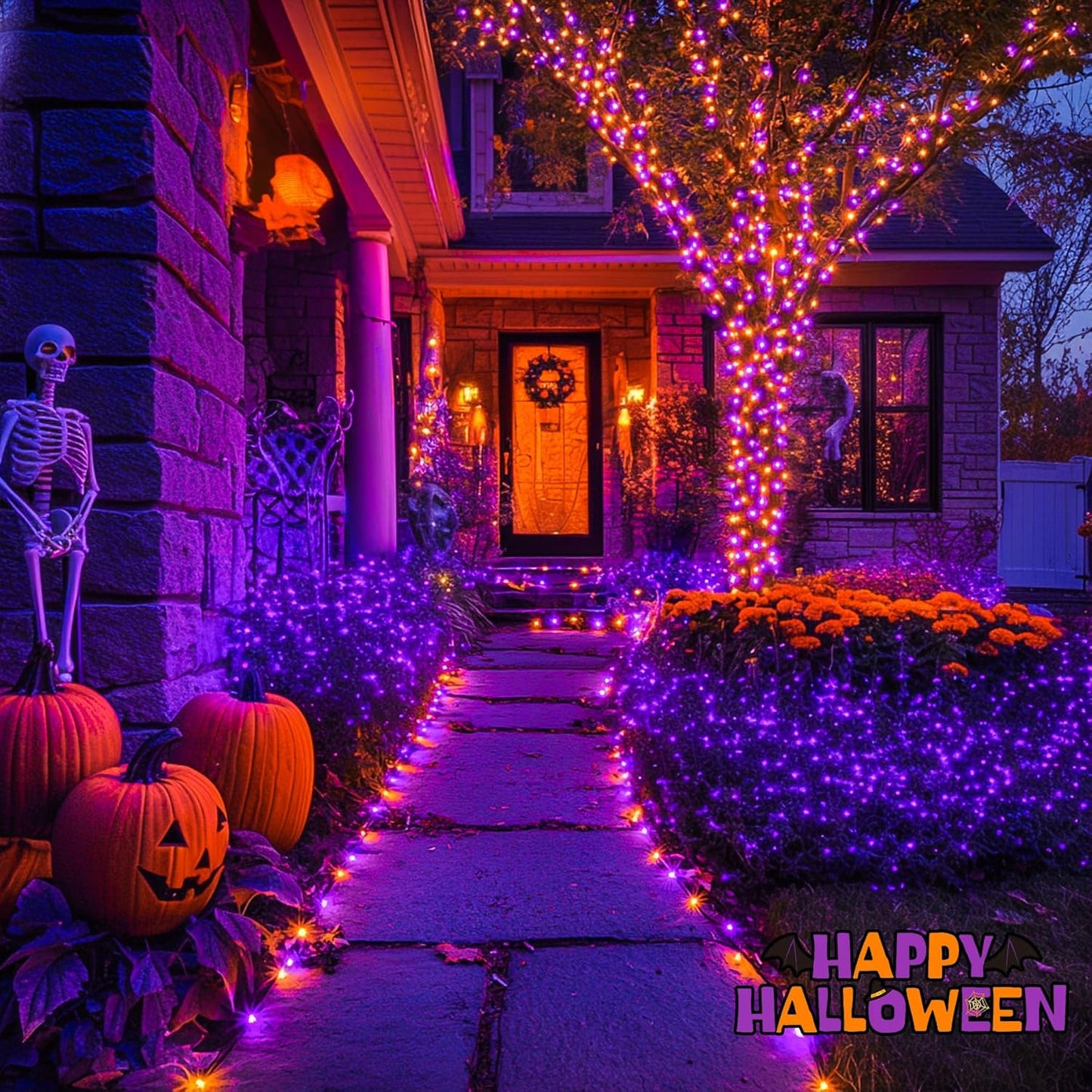 JMEXSUSS Orange and Purple Solar Halloween Lights, 2 Pack Total 400 LED Solar String Lights Outdoor Waterproof, 8 Modes Halloween Light for Outside Patio Yard Tree Decorations