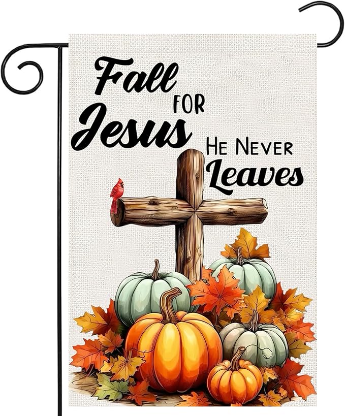 Fall Cross Pumpkin Garden Flags 12x18 Double Sided, Fall for Jesus He Never Leaves Yard Flag for Outside, Autumn Thanksgiving Holiday Seasonal Religious Outdoor Decorations for Home