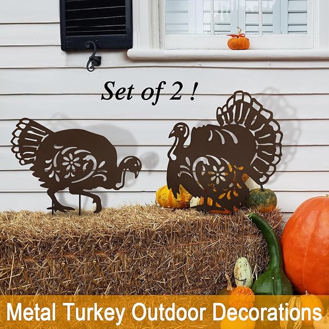 Set of 2 Metal Turkey Outdoor Decorations, Thanksgiving Decor Garden Stake,Fall Yard Porch Sign for Outside