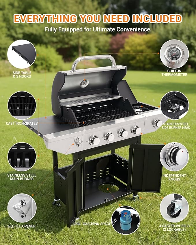 4-Burner Propane Gas BBQ Grill with Side Burner, 46,500 BTU Output Stainless Steel Barbecue Grill with Enameled Cast Iron Grates and Side Tables for Outdoor Cooking Kitchen and Patio Backyard