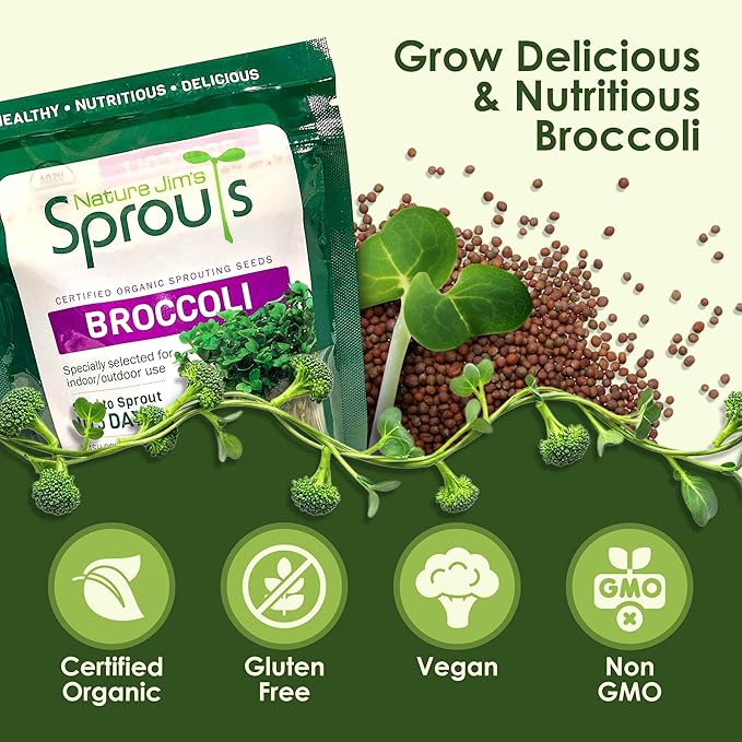 Nature Jims Sprouts Organic Broccoli Seeds for Sprouting – Certified Non-GMO, Rich in Sulforaphane, Swift-Growing Microgreen Seeds for Nutritious Broccoli Sprouts – Ideal for Indoor/Outdoor Use – 8oz