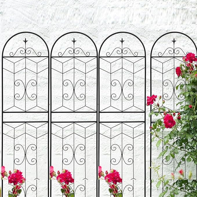 4 Pack Metal Garden Trellis 71" Tall Outdoor Climbing Plant Support for Roses, Flowers, Rustproof Durable Black Galvanized Tube, Lawn Garden Fence Decor Screen (4, Castle-71 H)