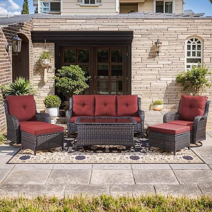 Wicker Outdoor Conversation Set-6 Pieces Outdoor Wicker High Back Couch with Swivel Rocker Chairs Patio Furniture for Deck Poolside Backyard-Brown/Red