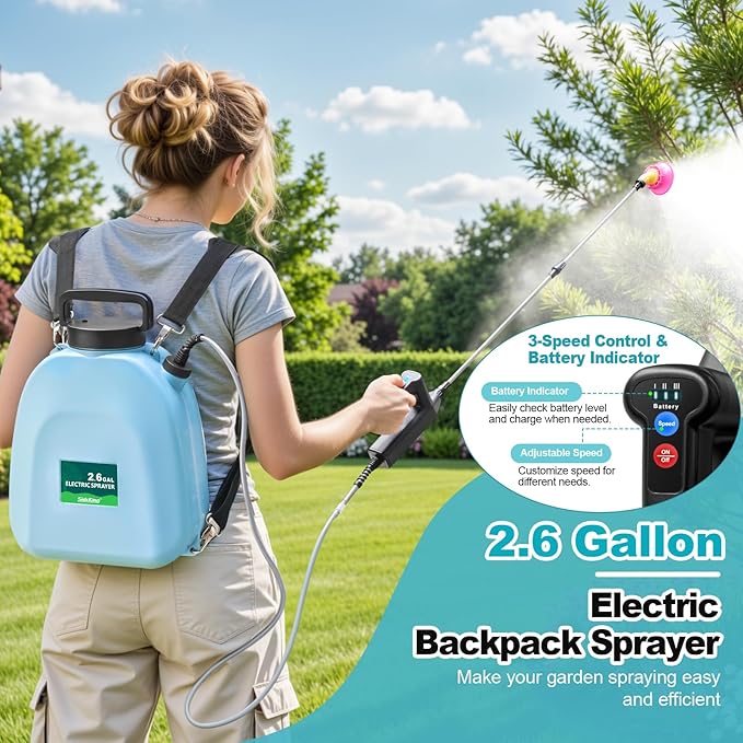 Battery Powered Backpack Sprayer, 2.6 Gallon Electric Garden Sprayer with 3 Adjustable Pressures, USB-C Charging, 5 Nozzles& 41″ Telescopic Wand for Weed Control, Pest Spray, Yard & Lawn Care
