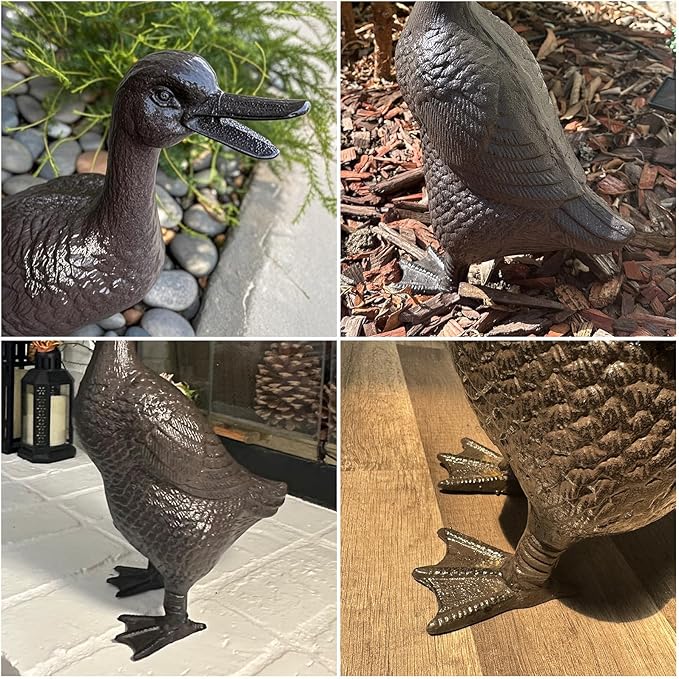 Cast Iron Duck Statue（15.7" Tall） - Heavy Duty Outdoor/Indoor Decor, Rust Brown Garden Art with Lifelike Feather Detailing, Weatherproof Bird Sculpture for Patio, Lawn & Home HC5387