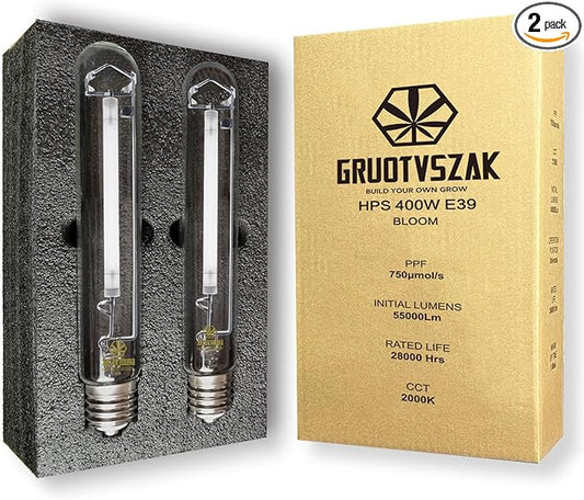 HPS 400W Grow Light Bulb E39 750μmol 2000K Red Concentrated Spectrum 55000 Lumens Bloom Flowering High Pressure Sodium 2-Pack