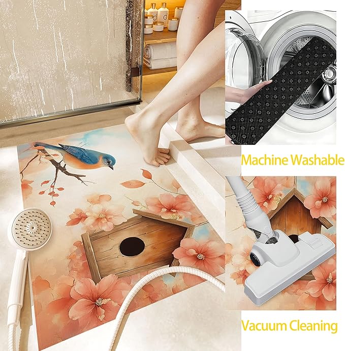 Watercolor Blue Bird Indoor Outdoor Rugs,Spring Flowers Doormat Outside Entrance,Non-Slip Welcome Mat Indoor Felt Floor Mat for Back Door Patio, Porch,Home Entryway,30 x 17 Inch