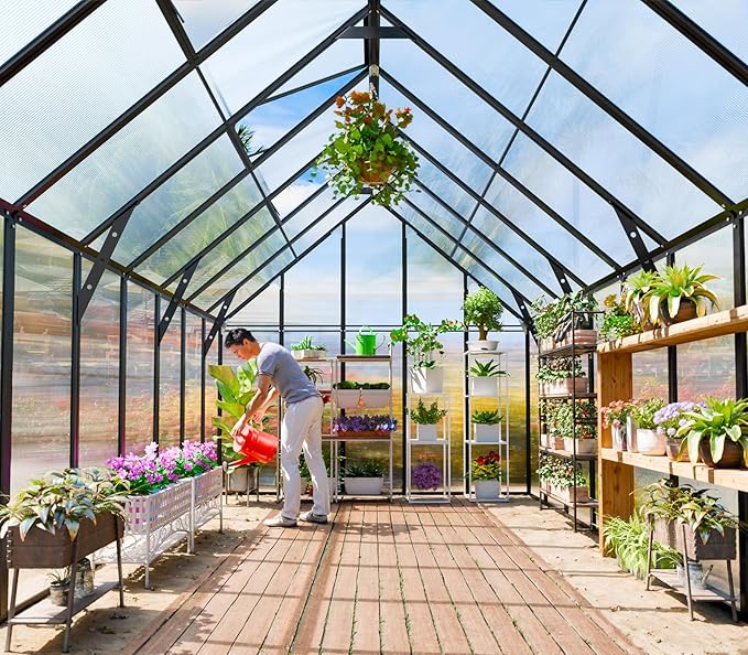 Outdoor Polycarbonate Greenhouse Kit,16x10x10 FT Large Outsides Aluminum Frame Heavy Duty Green House with Transparent Panels Windows Door for Backyard Garden,Walk in Plant Greenhouses,Black Frame