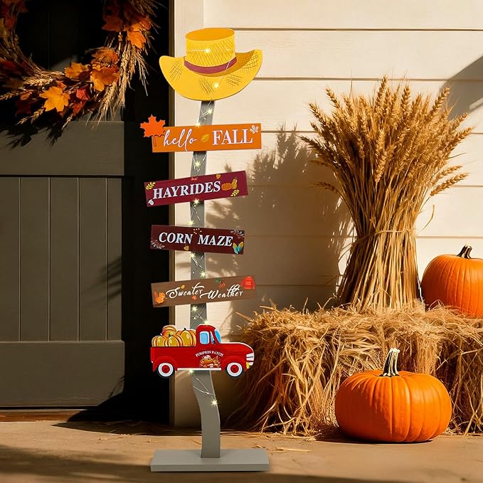 Lighted Wood Hello Fall Porch Sign,Fall Welcome Porch Decor,Autumn Maple Pumpkin Truck Sweater Weather Standing Wooden Signs for Home Front Door Yard Party Decor
