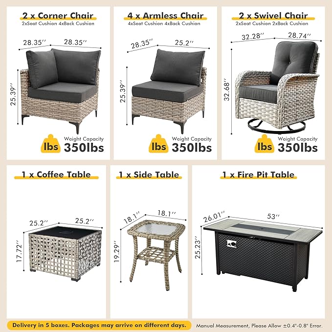 Outdoor Sectional Patio Furniture Set with Fire Pit Table and Swivel Rocking Chairs,11 Pieces Wicker Conversation Sets L Shaped Couch Out Door Sofa Outside Furniture for Garden Deck Yard,Black