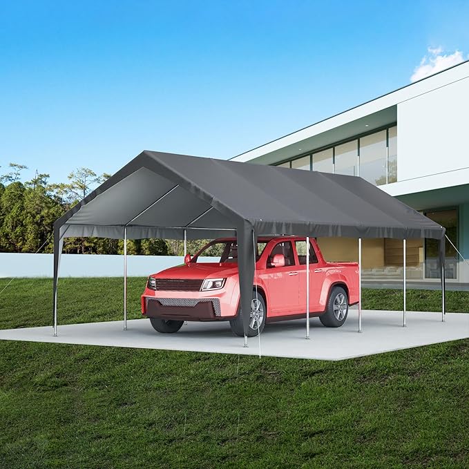 Carport 13'x25'x10' Heavy Duty with Roll-up Sidewall and Ventilated Windows, Portable Outdoor Garage for Car, SUV, Boat, Gray