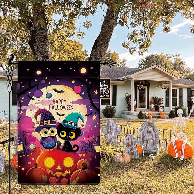 Cute Witch Owl & Black Cat Garden Flag Happy Halloween Flag Full Moonlight Ghost Pumpkin Bats Vertical Double Sided Rustic Farmland Burlap Yard Lawn Outdoor Decor 12.5x18"