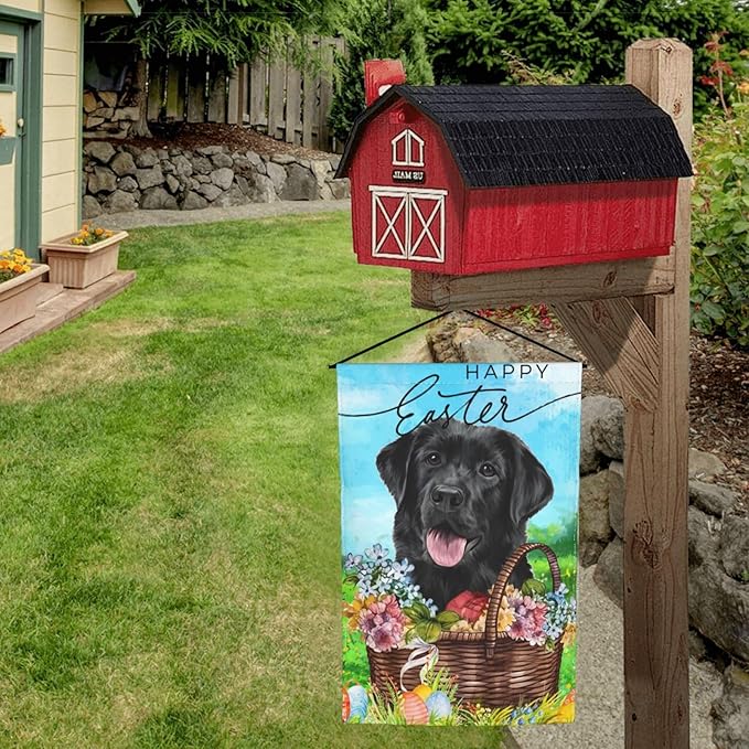 Happy Easter Labrador Dog Lab Black Flower Egg Garden Flag Welcome Party Outdoor Outside Decorations Picks Home House Garden Yard Decor 12x18 Inch