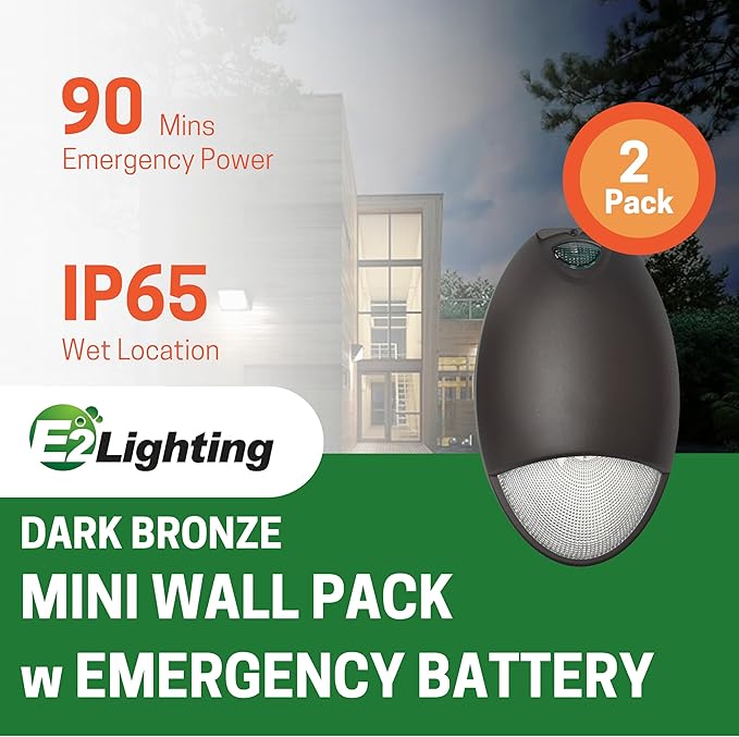 Mini Wall Pack Emergency Lights, Dark Bronze, 2 Pack - Outdoor Emergency Lights & Backup Lighting, Photocell Sensor, IP65, Wet Resistant, 90 Mins Battery Backup