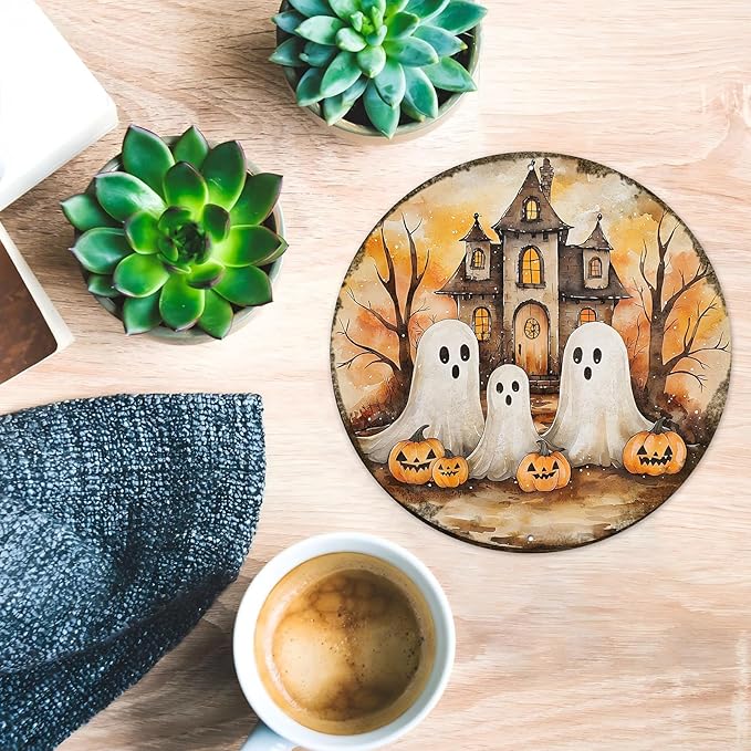 PEACHGARDEN Round Cute Ghost Halloween Vintage Sign Halloween Pumpkin Metal Tin Sign for Home Bar Kitchen Hotel Dining Room Coffee 8x8inch